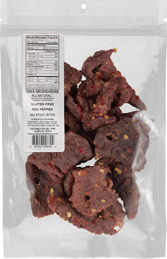 IOWA SMOKEHOUSE Steak Bites Red Pepper - Tender Nugget Meat Snack - All Natural &amp Gluten Free - 9g of Protein All USA Beef - 8 Oz (resealable bag)