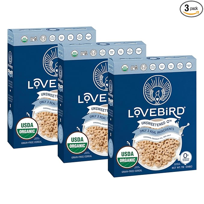 Lovebird Organic Cereal That Actually Tastes Good - 100% Real Food &amp Healthy Gluten Free Cereal No Refined Sugar Paleo Keto Friendly Healthy Snacks for Kids Adults - Unsweetened 3-Pack