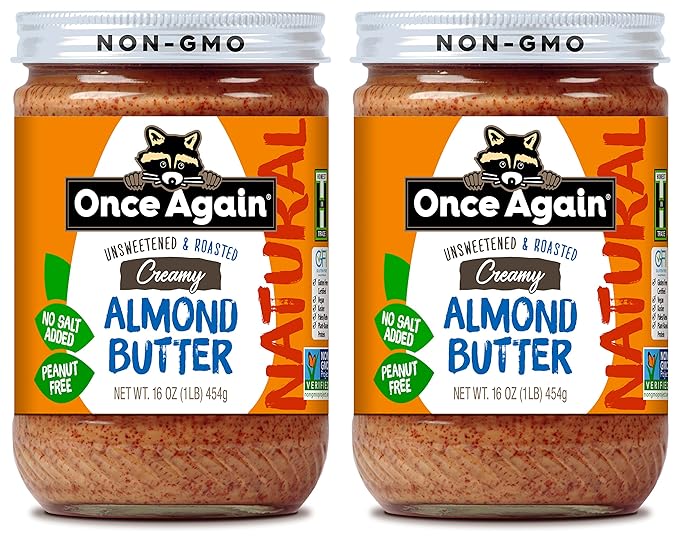 Once Again Natural Creamy Almond Butter 16oz - Roasted Salt Free Unsweetened Gluten Free Certified Peanut Vegan Kosher Paleo Glass Jar 2 Pack 32 Ounce