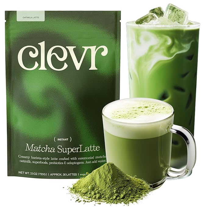 Clevr Matcha Superlatte Instant Ceremonial Grade Superfood Powder Blend with Oat Milk Lions Mane Reishi Mushroom Coconut Cream Ashwagandha Serve Hot or Iced (30 Lattes)