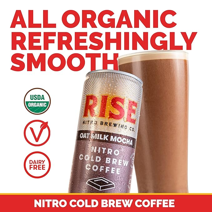 RISE Brewing Co. | Oat Milk Mocha Nitro Cold Brew Latte (4 7 fl. oz. Cans) - USDA Organic Non-GMO | Vegan &amp Dairy Free | Draft Nitrogen Pour Clean Energy Low Acidity &amp Refreshingly Smooth