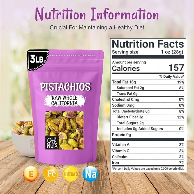 Oh! Nuts Pistachios No Shell - Raw - 100% Natural - 3 lb - Raw Whole California Pistachios - Packed in New York Zip-Seal Bag for Exceptional Freshness
