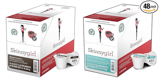 Skinnygirl Flavored Coffee Pods Single Serve Coffee for Keurig K Cups Machines 24 Count Americano Espresso Roast and 24 Count Coconut Macaroon 48 Total Recyclable Pods