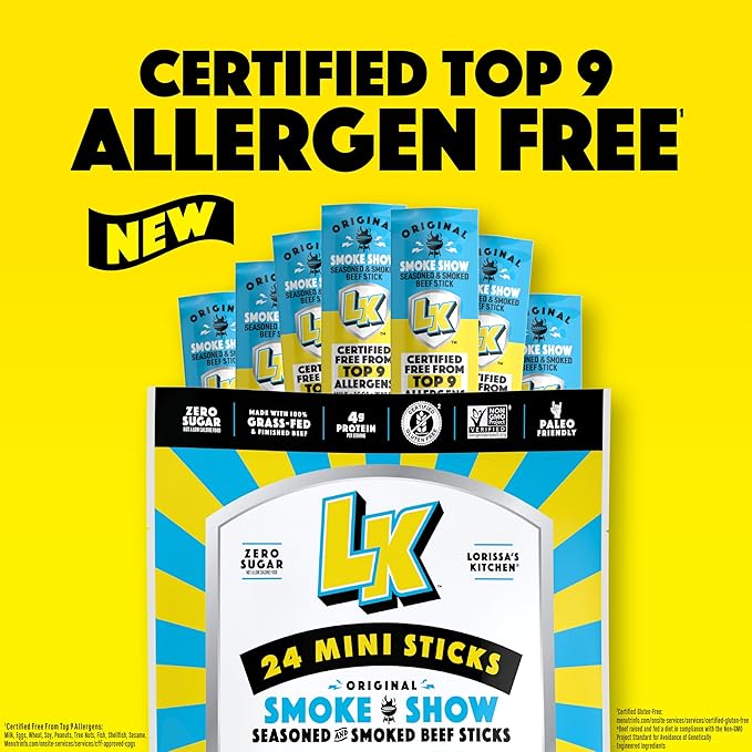 Lorissa's Kitchen Beef Jerky Mini Sticks Premium Grass Fed &amp Finished Original Smoke Show Flavor - 4g Protein On the Go Snacks Free from Top 9 Allergens Non-GMO Gluten-Free 0.5 Oz (24 Count