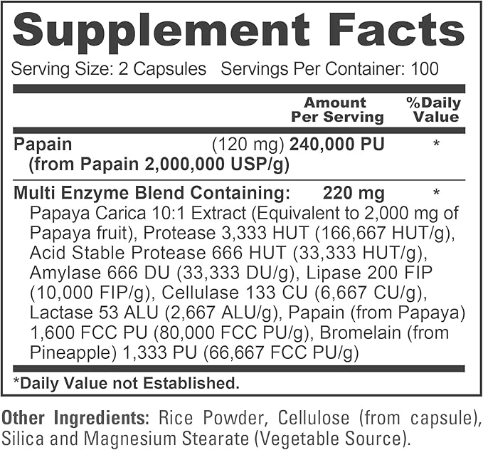 NusaPure Papaya Papain Enzyme Complex 240000 PU - 200 Veggie Caps - Suitable for Vegetarian Vegan Non-GMO