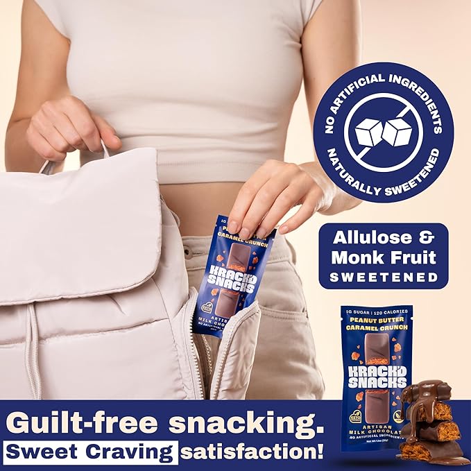 Krack’d Snacks Keto Milk Chocolate Candy Bars 5 Pk- Low Carbs Sugar Free Keto Bar with Peanut Butter Caramel Crunch &amp Allulose | Non GMO Gluten Free Snack