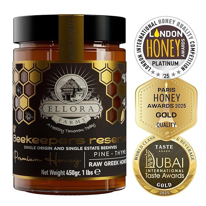 Ellora Farms Greek Honey Single Estate PDO Pine &amp Thyme Raw Honey Unfiltered Beautiful Gift Pack with Dipper Beekeepers Reserve Pure Raw &amp Unfiltered Cold-Pressed Gluten Free - 450 g