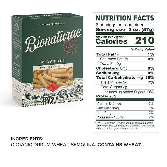 Bionaturae Rigatoni Pasta Noodles - Durum Semolina Pasta Kosher High Protein Non-GMO Verified USDA Certified Durum Semolina Rigatoni Rigatoni Pasta Organic Crafted in Italy - 16 Oz 3 Pack