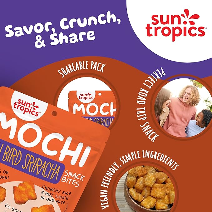 Sun Tropics Mochi Snack Bites Thai Bird Sriracha Flavor- 3.5 oz (6 Pack)| Crispy Spicy Mochi Bites Rice Nuggets | Mochi Puff Rice Crackers- Gluten Free &amp Dairy Free- No MSG Added | Asian Rice Sn