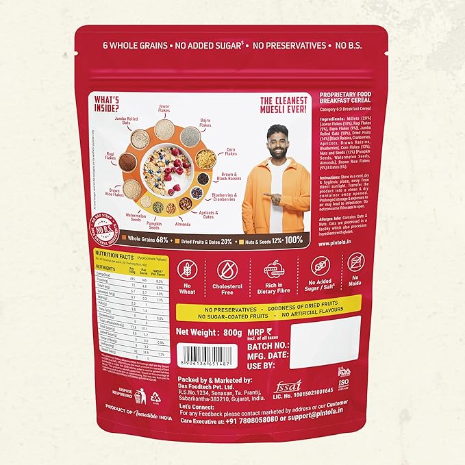 Pintola Fruit &amp Nut Muesli with 28% Millet &amp 68% Wholegrains (800g) Healthy-Fruity Breakfast cereal with 6 nuts dried fruits &amp Dates No Preservatives No added sugar|Rich in Dietary Fib