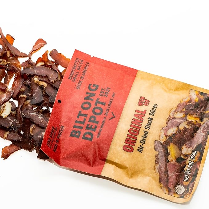Biltong Depot Original Beef Biltong Slices with Fat Bundle - 3oz (3 Pack) | Air-Dried Beef Jerky Snack | High Protein | Zero Sugar | Keto &amp Paleo Friendly | Gluten Free | No Artificial Preservativ