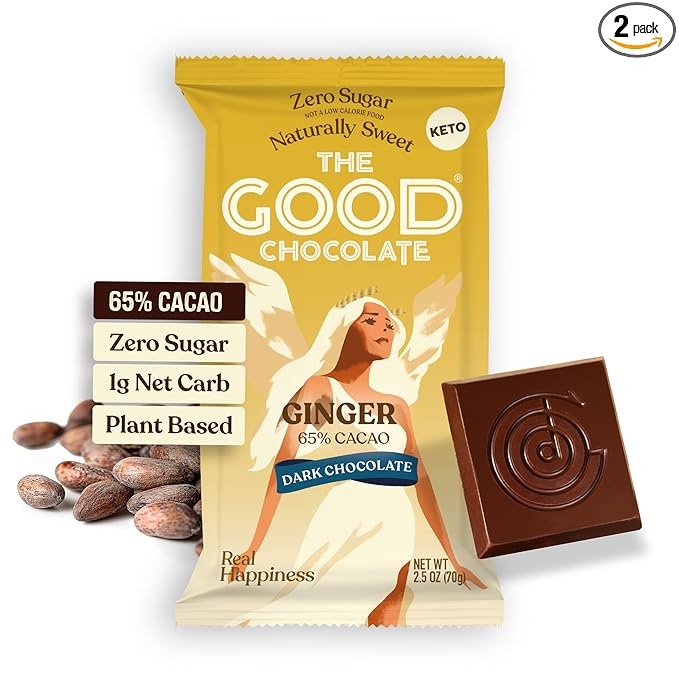 THE GOOD CHOCOLATE – Ginger Dark Chocolate Bars with Zero Sugar &amp Lower Net Carbs – Keto Chocolate Bar with Lower Calories All Natural and Non-GMO Keto Snacks 2.5 oz (2 Bars Starter Pack)
