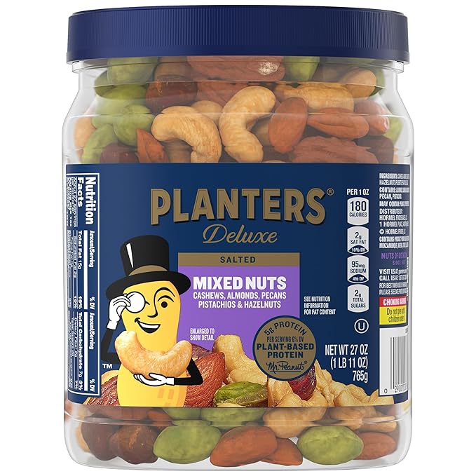 PLANTERS Deluxe Mixed Nuts with Sea Salt 27 oz Resealable Container - Variety Mixed Nuts Snacks with Cashews Almonds Pecans Pistachios &amp Hazelnuts - Energy Boost - Kosher