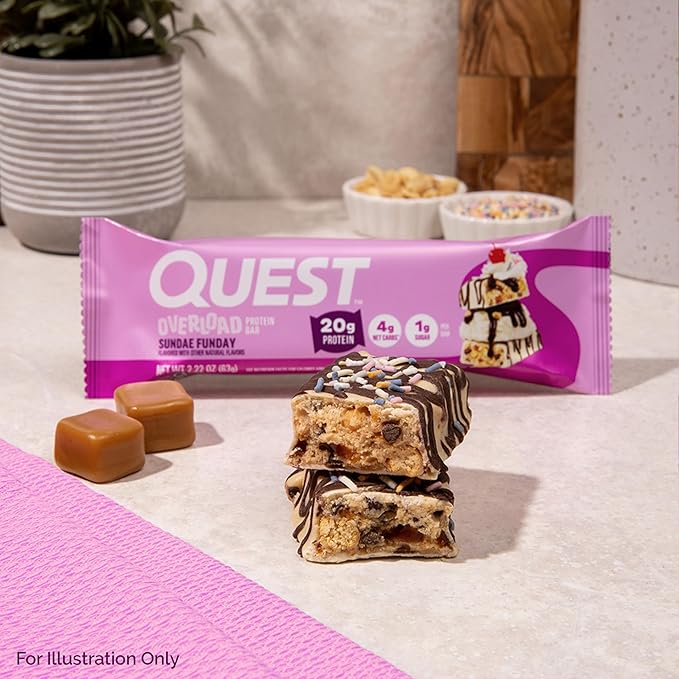 Quest Nutrition Overload Protein Bars Sundae Funday 20g Protein 1g Sugar 4g Net Carbs Gluten Free 12 Count