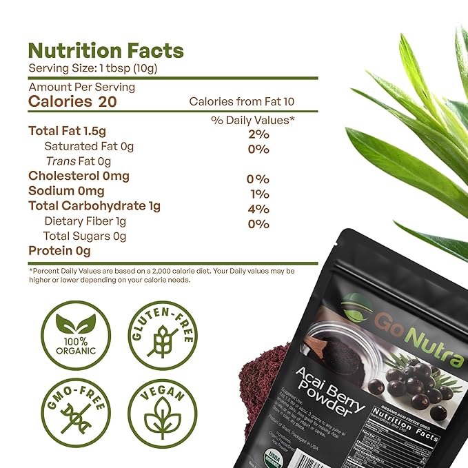 Go Nutra Acai Powder Organic | Acai Berry Freeze Dried Superfood Powder from Brazil | Freshnees Boost for Bowl Juices Smoothie | 8 oz