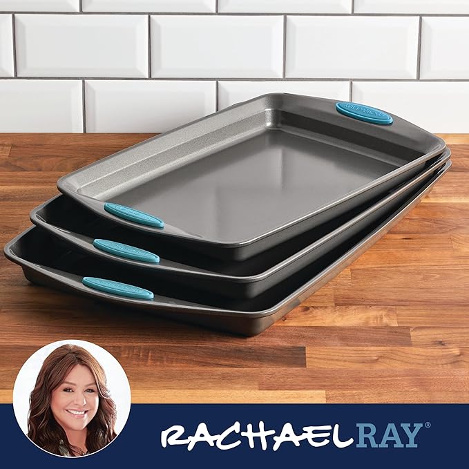 Rachael Ray Bakeware Nonstick Cookie Pan Set 3-Piece Gray with Agave Blue Grips