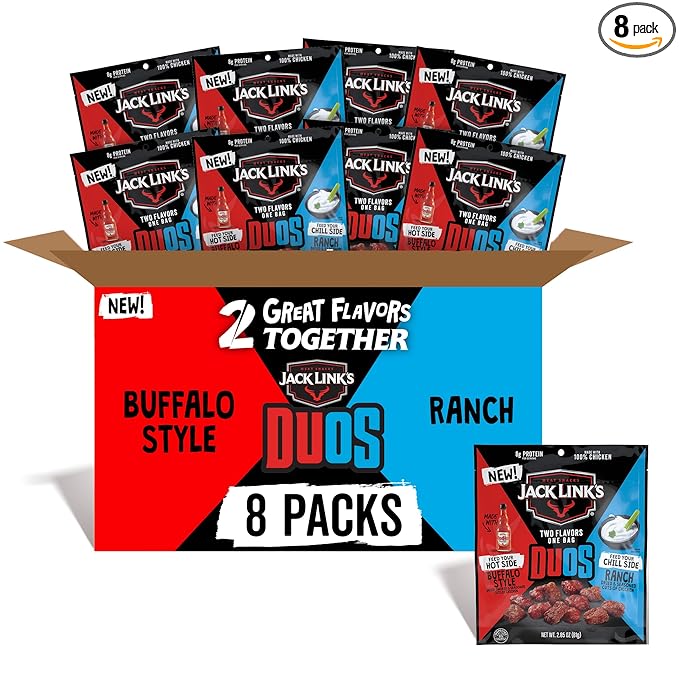 Jack Link's DUOs Frank's RedHot Buffalo Style With Creamy Ranch Flavor Chicken Bites Under 100 Calories Snacks 8g of Protein Feed Your Beast Side With Individual Meat Snack Bags – 2.85oz (8 Count)