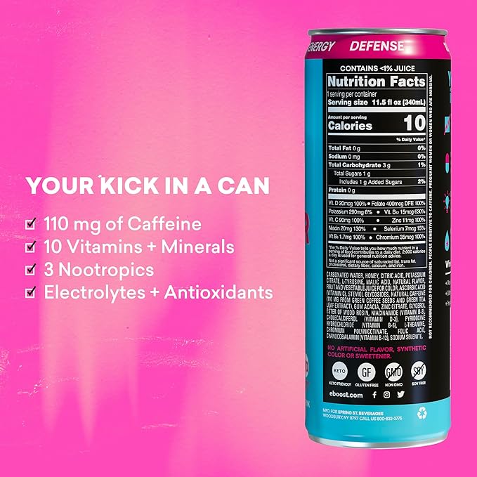 EBOOST SUPER FUEL Healthy Energy Drink - Blue Raspberry: 12 Healthy Energy Drinks - Focus &amp Productivity - 110 mg Caffeine + Nootropics &amp Electrolytes - No Sucralose Taurine Artificial Flav