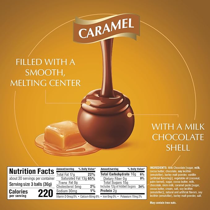 Lindt LINDOR Caramel Milk Chocolate Candy Truffles Milk Chocolate Candy with Smooth Melting Truffle Center 25.4 oz. 60 Count