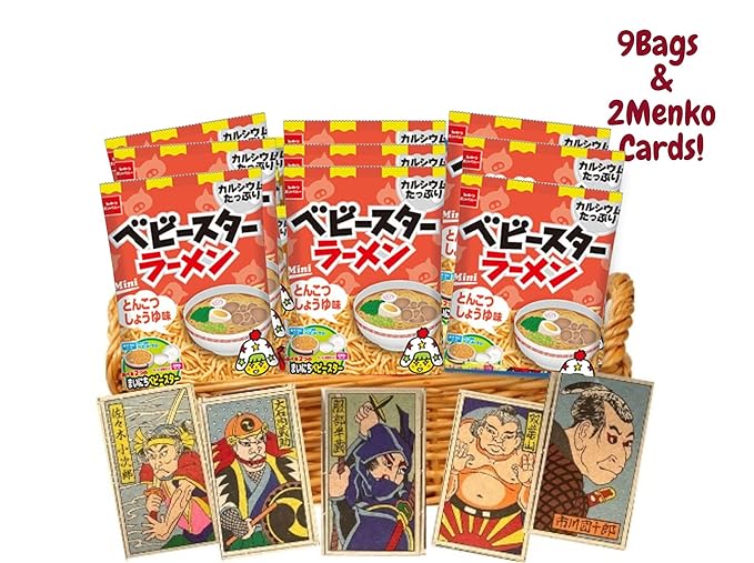 Beatcraft™ Baby Star Ramen Fried Noodle Snack + Japanese Toy Happy Set (9 Packs Tonkotsu Shoyu Pork Bone Soy Sauce Flavor Regular Size)