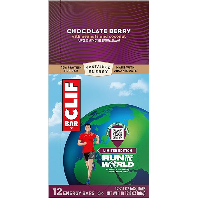 CLIF BAR – Energy Protein Bars – Limited Edition Run the World - Chocolate Berry - Made with Organic Oats - Energy Bars - Non-GMO (12 Pack)