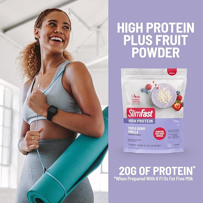 SlimFast High Protein Fruit Powder Triple Berry Vanilla Protein Powder Meal Replacement 21 Servings + SlimFast Hydration Packets Electrolytes Interrmittent Fasting Apple Cider Vinegar 12 Count