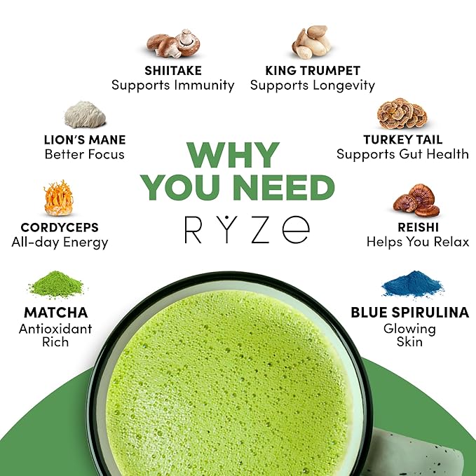 RYZE SUPERFOODS Mushroom Matcha USDA Organic with 6 Adaptogenic Mushrooms and Ceremonial-Grade Matcha for Energy Focus Digestion Immunity with Turkey Tail Shiitake Lion's Mane 30 servings