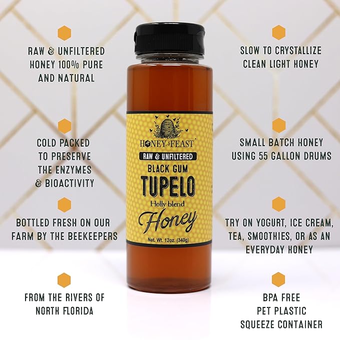 HONEY FEAST Tea Lovers Trio – Includes 12oz Black Gum Tupelo Orange Blossom and Cinnamon Honey – Perfect for Tea Baking and Gourmet Gifts