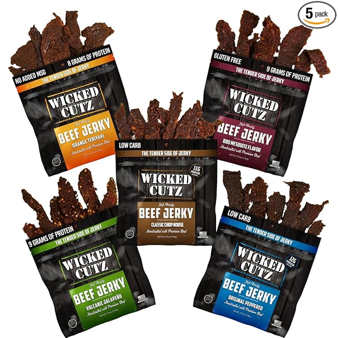 Wicked Cutz Beef Jerky Variety Pack | 5 Flavors Up to 36g Protein Per Bag | Tender Easy to Chew USA Made High Protein Carnivore Snacks | Unique Gifts for Men (5 Bags)