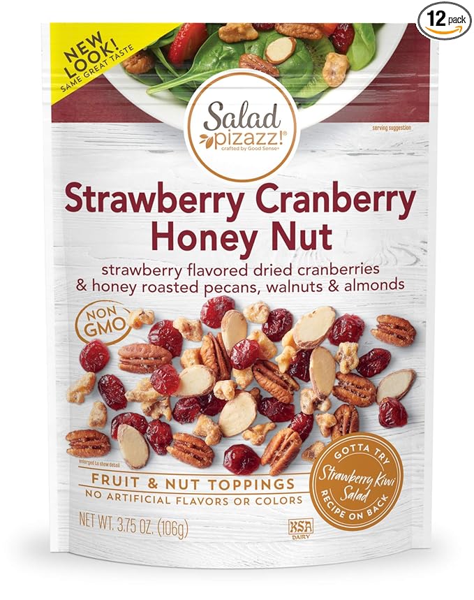Salad Pizazz! Dried Strawberry Flavored Cranberries &amp Honey Roasted Pecans Walnuts &amp Almonds Salad Topper - 3.75 Ounce (Pack of 12)