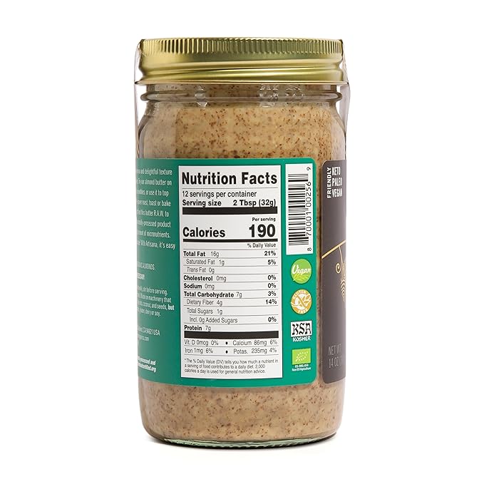 Artisana Organics Raw Almond Butter 14oz | USDA Organic No Sugar Added No Palm Oil Vegan Paleo and Keto Friendly Non GMO