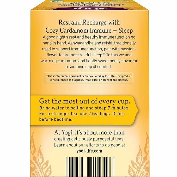 Yogi Tea Cozy Cardamom Immune &amp Sleep - Organic Herbal Tea for Immune System &amp Sleep Support - Includes Ashwagandha Passionflower Reishi &amp More - Caffeine-Free - 16 Tea Bags Per Pack (6