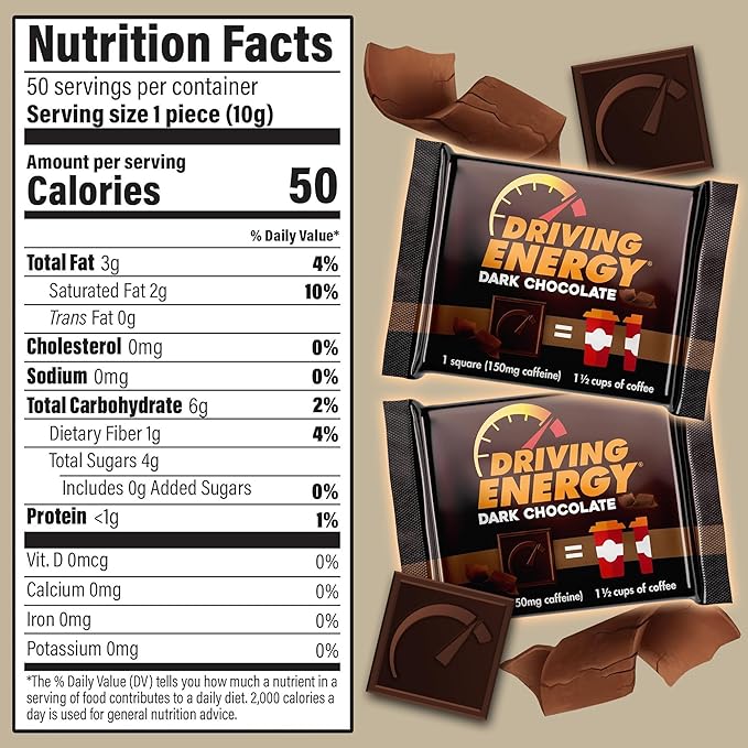 Driving Energy – Caffeinated Chocolate Energy Boost – Perfect for Helping Stay Awake While Working Driving Sports and Work With No Crash – 50 Count
