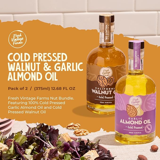 Fresh Vintage Farms Nut Bundle 100% Cold Pressed Walnut &amp Garlic Almond Cooking Oils | Cold Pressed &amp Nutritious Healthy Oils for Cooking Baking Dipping Salads &amp Marinades | 375ml Pac