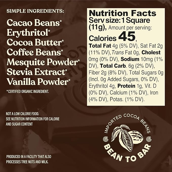 The Good Chocolate - Keto Dark Chocolate Coffee Squares Zero Sugar Lower Net Carb Snack Lower Calorie Vegan Chocolate Candy 24 Square Family Pack