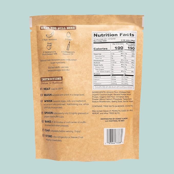 Honest Almond Protein Banana Muffin Mix | Almond Flour Baking Mix | Gluten-Free Dairy-Free Plant-Based Healthy All-Natural Low Sugar | 11 Oz (12 Servings Per Package) (Pack of 3)