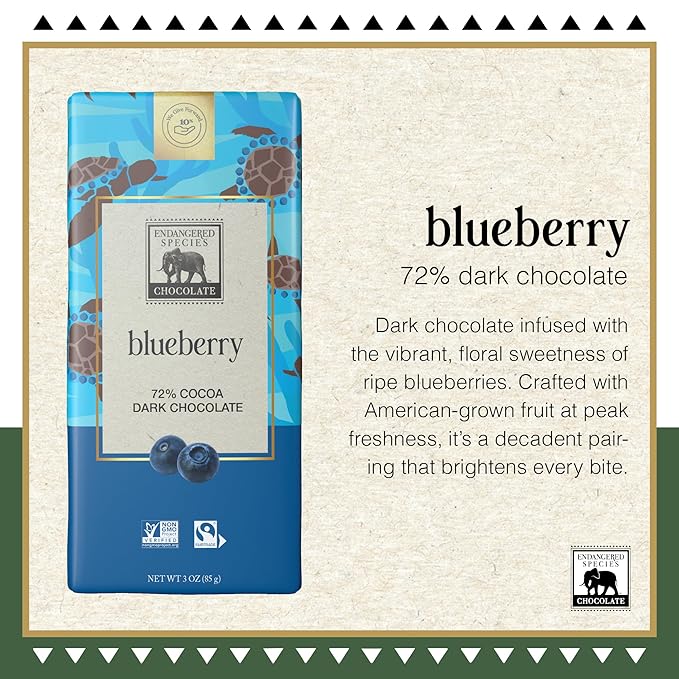 Endangered Species 72% Cocoa Blueberry Dark Chocolate Bar Non GMO 3 Ounces (Pack Of 12)