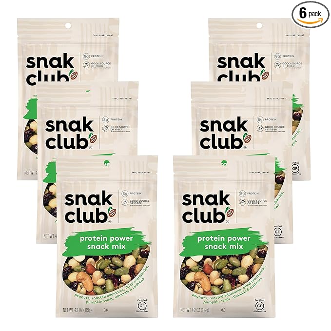 Snak Club Protein Power Snack Mix with Peanuts Roasted Edamame Dried Cranberries Pumpkin Seeds Almonds and Cashews Gluten-Free and Kosher Trail Mix Snacks 4.2 oz Resealable Bags 6 Pack