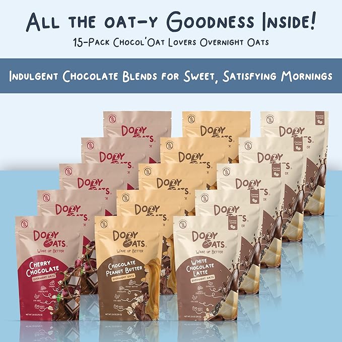 Dozy Oats Overnight Oatmeal Packets Chocol'oat Lover’s Variety Box with Rolled Oats Chia Seeds and Date Powder. Gluten-Free Natural Source of Protein and Fiber 15-Pack