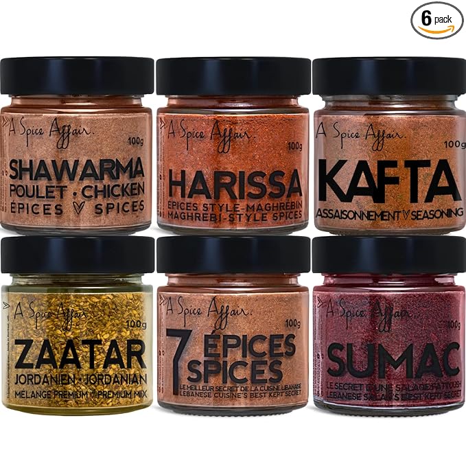 A Spice Affair’s Arabian Nights 6 Variety Pack | Middle Eastern Spice Gift Set Featuring Shawarma Harissa Zaatar Kafta Sumac &amp Seven Spice Blends | All-Natural Non-GMO Filler-Free | Perfect