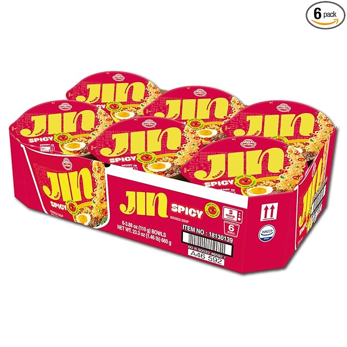 OTOKI Jin Ramen Spicy Bowl – Authentic Korean Instant Noodles with 13-Hour Simmered Beef Bone Broth Bold &amp Fiery Flavor Microwave or Add Hot Water Ready in 5 Minutes 3.88 oz (Pack of 6)