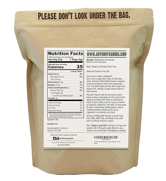 Anthony's Whole Milk Powder 2 lb Gluten Free Non GMO Made in USA (Pack of 2)