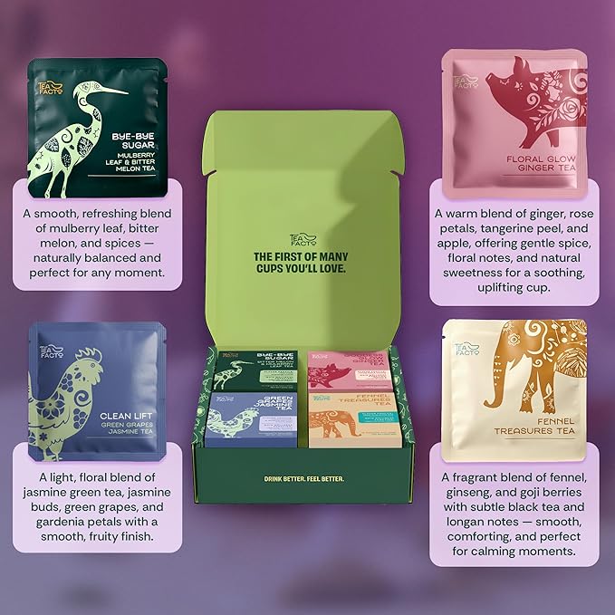 Tea Facto Herbal Tea Sampler Set Depuff Collection with Bitter Melon Mulberry Leaf Ginger Pear &amp Green Grapes Jasmine - Fancy Tea Sampler Gift Set Box - Natural Fiber Zero Added Sugar - 40 Cou