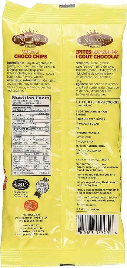 King David Vegan Lactose-Free Non-dairy Kosher White Chocolate Flavored Chips 8.8 Ounce (Pack of 4)