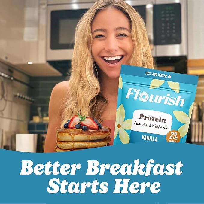 Flourish Protein Pancake &amp Waffle Mix with Whey Protein &amp Flax Seed No Added Sugar High in Protein &amp Fiber - Just Add Water - Vanilla Flavour 430g (3 Pack) - Made in Canada