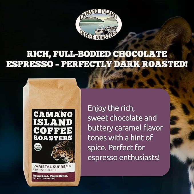 Camano Island Coffee Roasters Varietal Supremo Espresso Blend Whole Bean 12oz Fresh Dark Roast USDA Organic Fairly Traded Shade Grown Arabica Chocolate Caramel Hint of Spice Flavor Profile