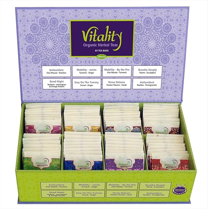 Adanim Bio Vitality Organic Herbal Tea Sampler Gift Box Caffeine Free 8 Unique Flavors for Tea Lovers 64 Individually Wrapped Tea Bags Variety Pack Tea Set