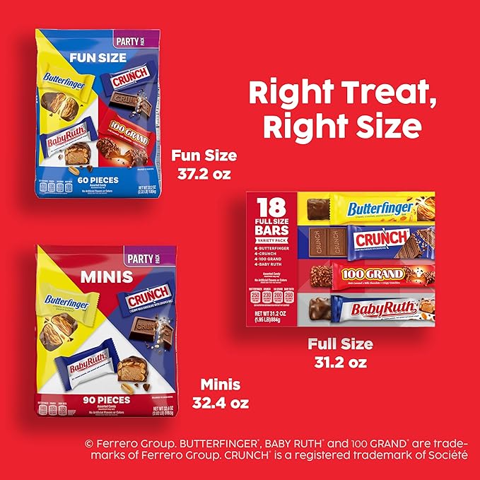 Assorted Butterfinger Crunch Baby Ruth and 100 Grand Full Size Chocolates 18 count 31.2 oz