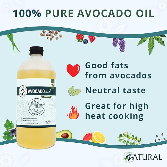 Zatural 100% Avocado Oil Pure Natural without Additives Clean Cold Pressed Non-GMO Vegan: For Cooking Frying Baking and for Sauces Dressings Marinades Salads (32 Ounce)