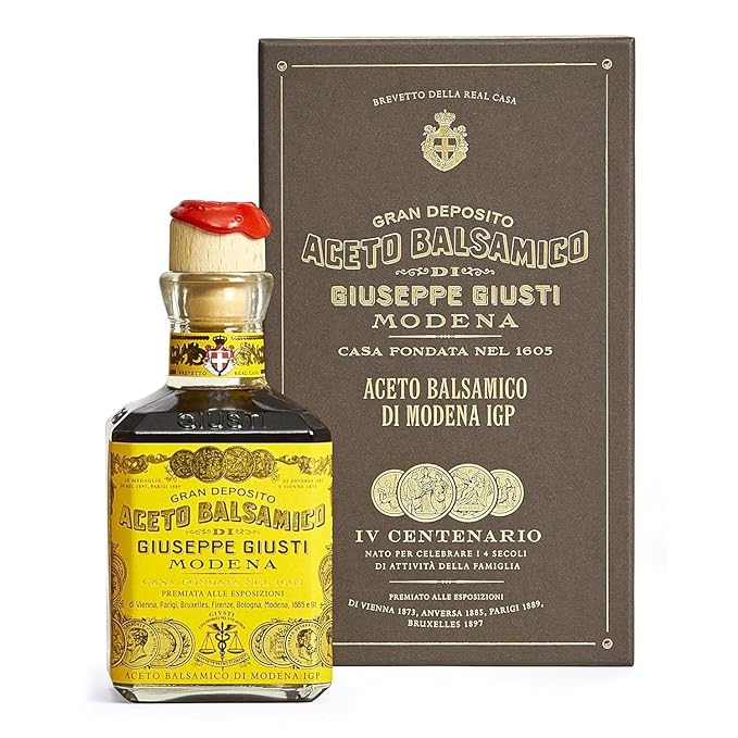Giusti Balsamic Vinegar of Modena IGP – Extra Thick &amp Rich Aceto Balsamico di Modena Matured in Traditional Aging Casks - 4 Gold Medals Made in Italy in Gift Box - 8.45 fl oz (250 ml) - Pack of